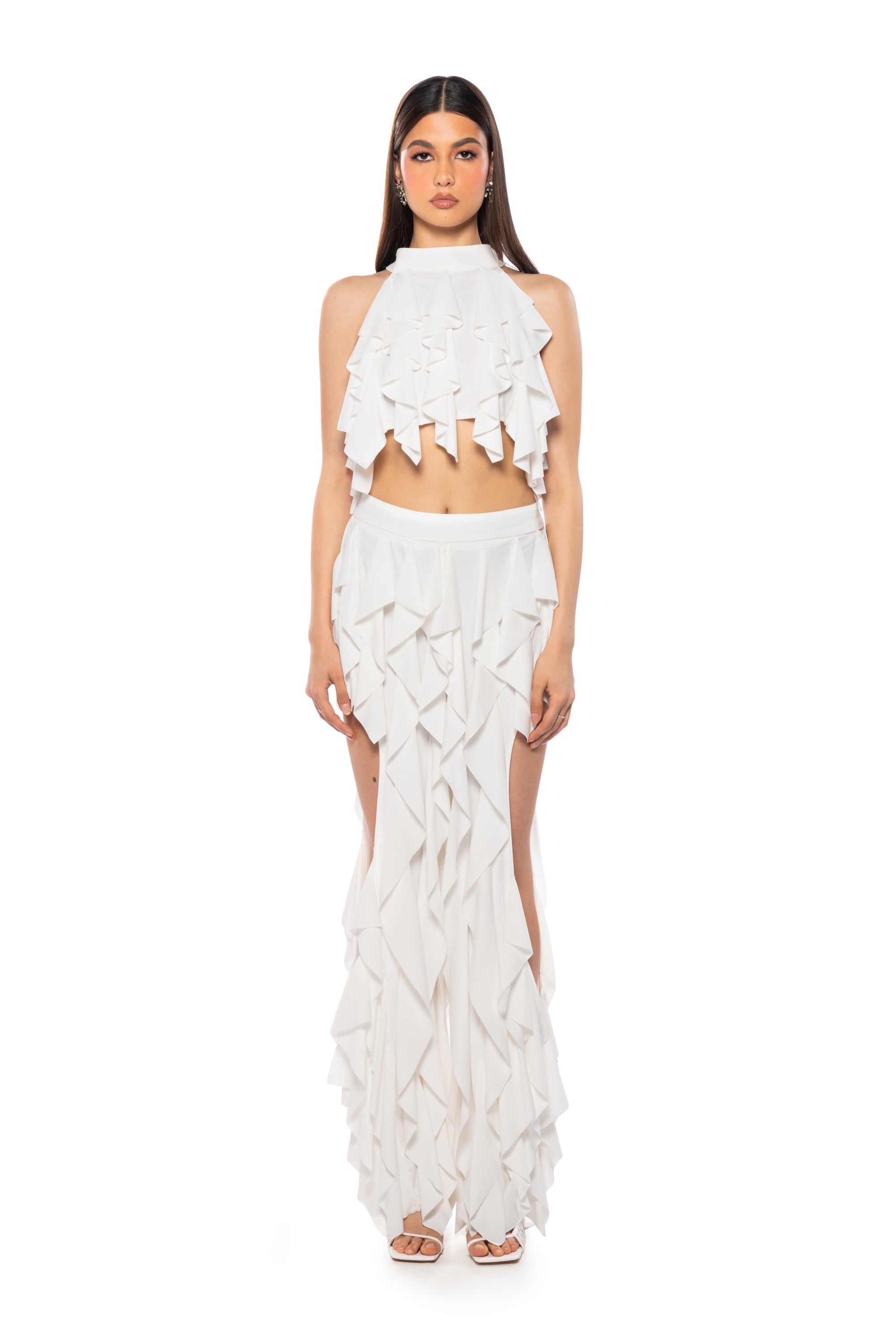 SERENITY RUFFLED HALTER NECK TOP IN WHITE