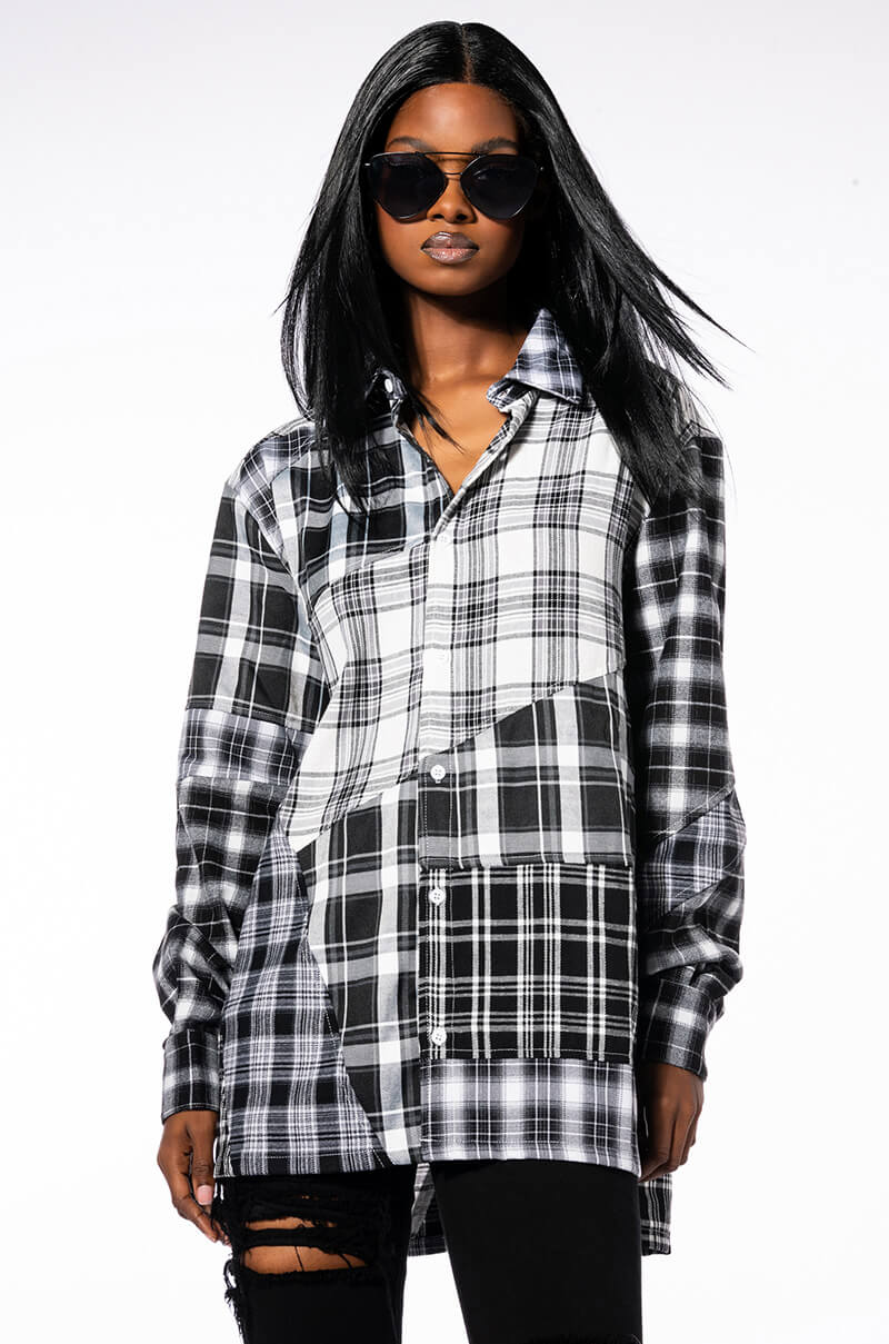 SERVING PLAID BUTTON DOWN BLOUSE