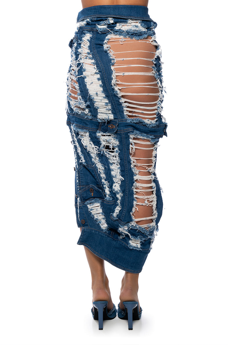 SET THE BAR DISTRESSED MIDI SKIRT