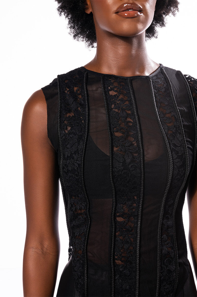 SEXY LACE PANEL SLEEVELESS MESH BLOUSE