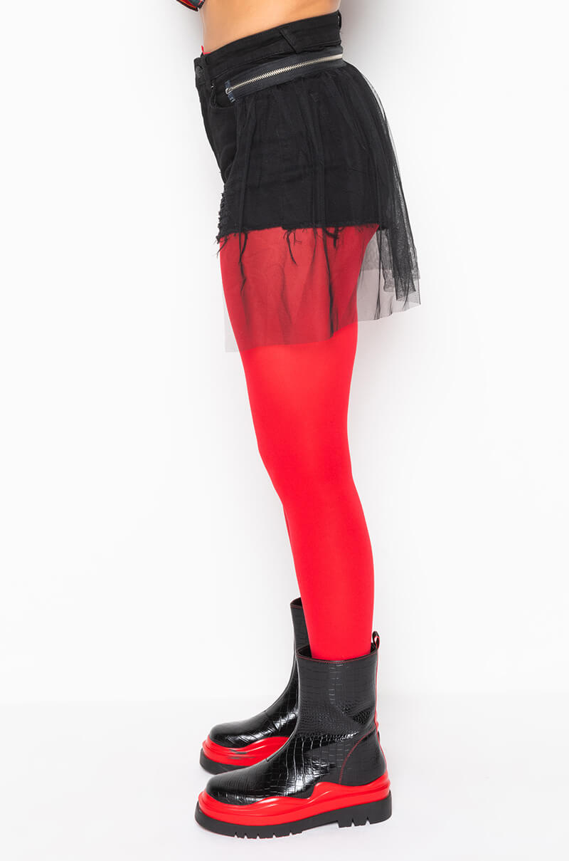 SHADOW TULLE DETAIL ZIPPER DENIM SHORTS