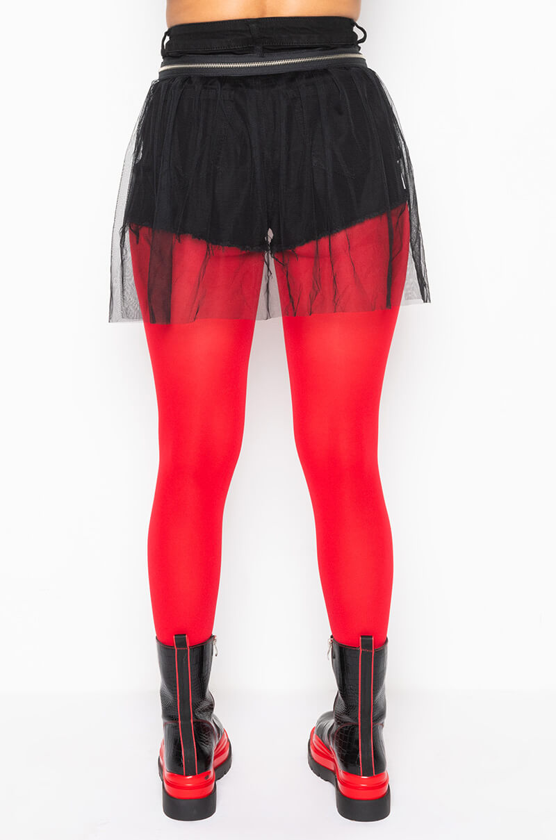 SHADOW TULLE DETAIL ZIPPER DENIM SHORTS