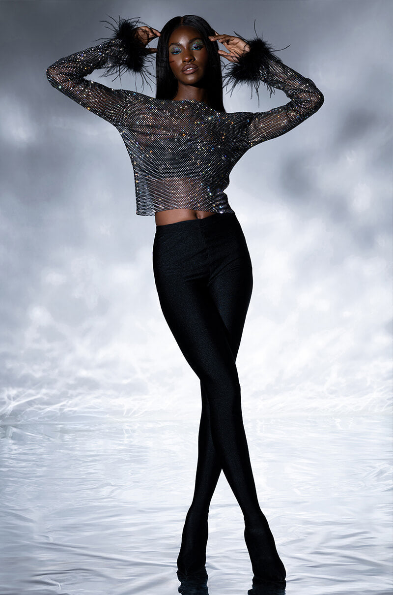 SHEER FEATHER DETAILED RHINESTONE TOP