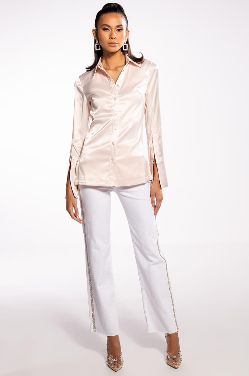 SHINE ON EMBELLISHED SATIN BUTTON DOWN BLOUSE