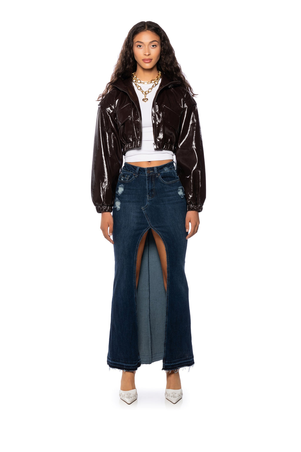 SHOW IT OFF FRONT SLIT DENIM MAXI SKIRT