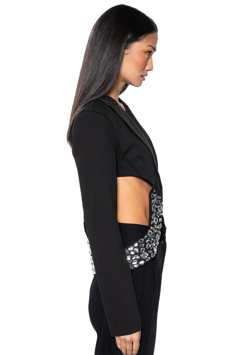 SIDE CUT OUT RHINESTONE BLAZER