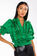 RUFFLED SHORT SLEEVE TIE FRONT BLOUSE