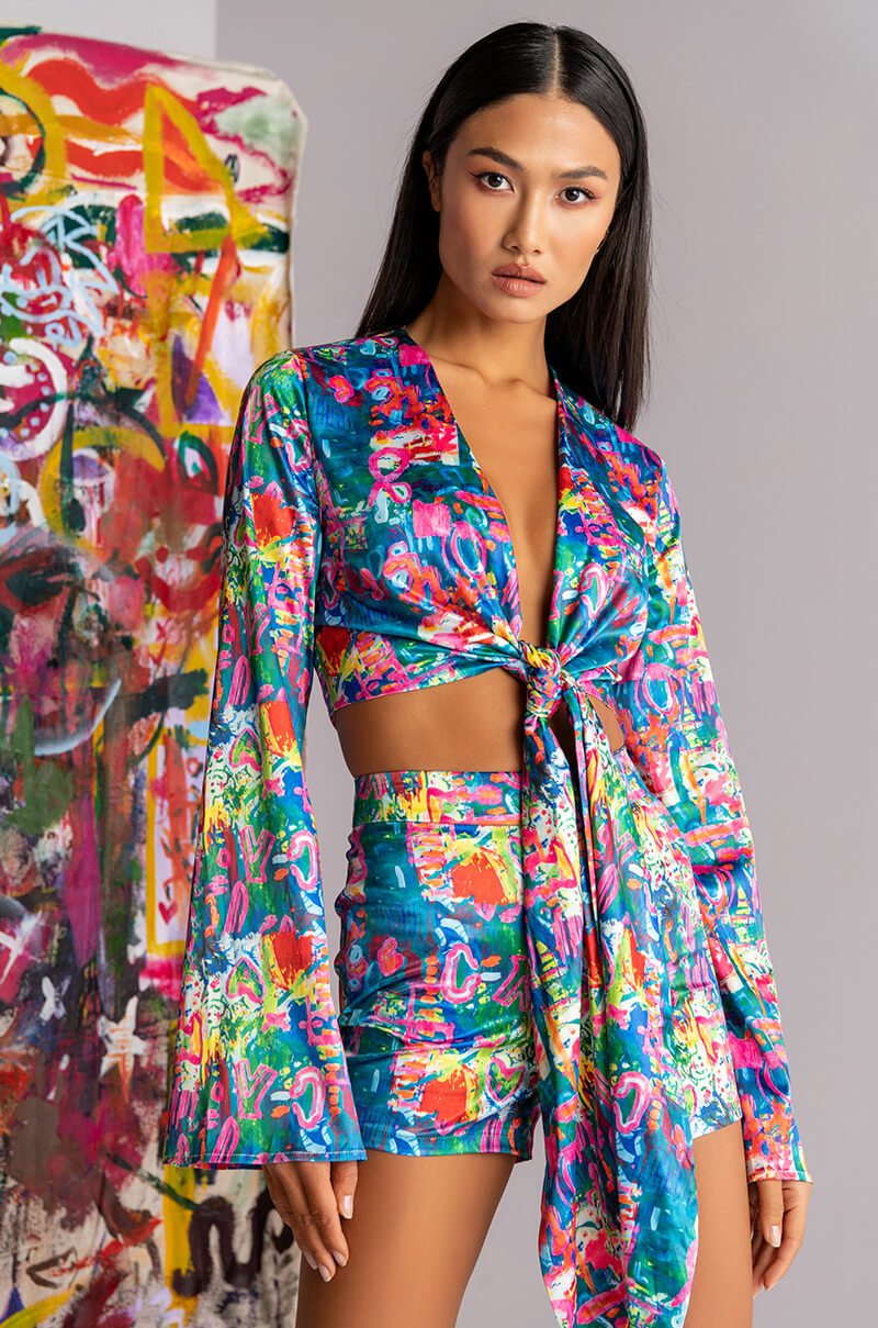 SKYART X AKIRA SATIN TIE FRONT BLOUSE