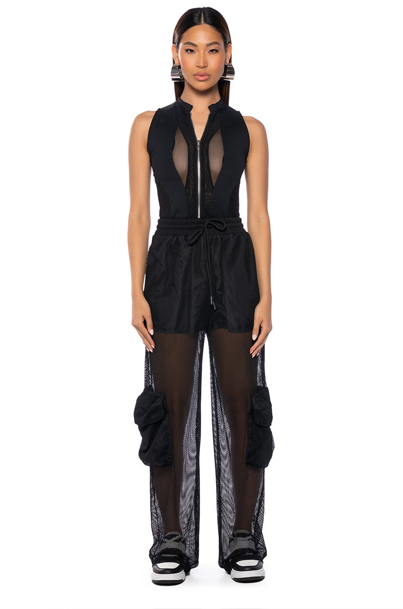 CARGO POCKET MESH SHEER JOGGER IN BLACK