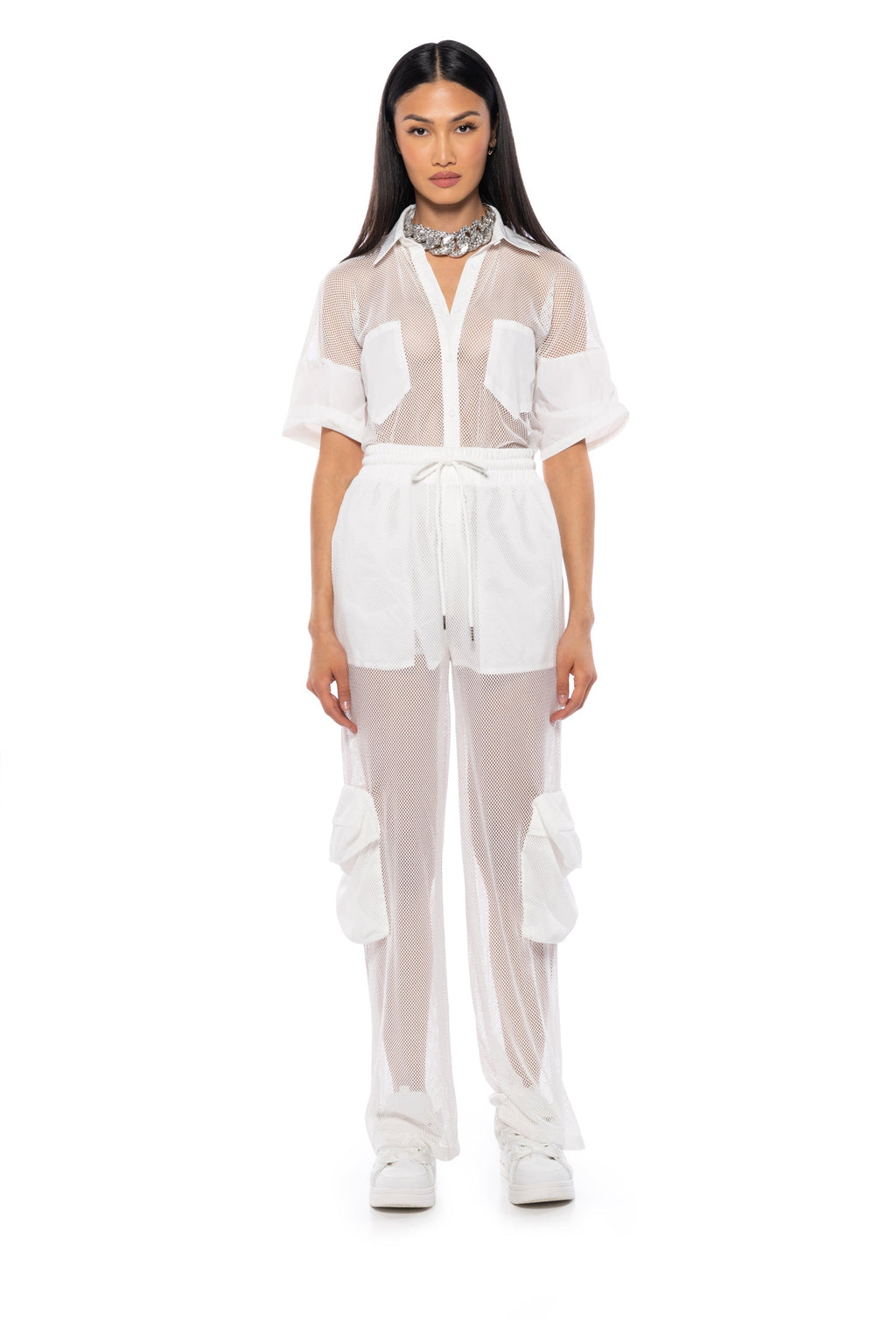CARGO POCKET MESH SHEER JOGGER IN WHITE