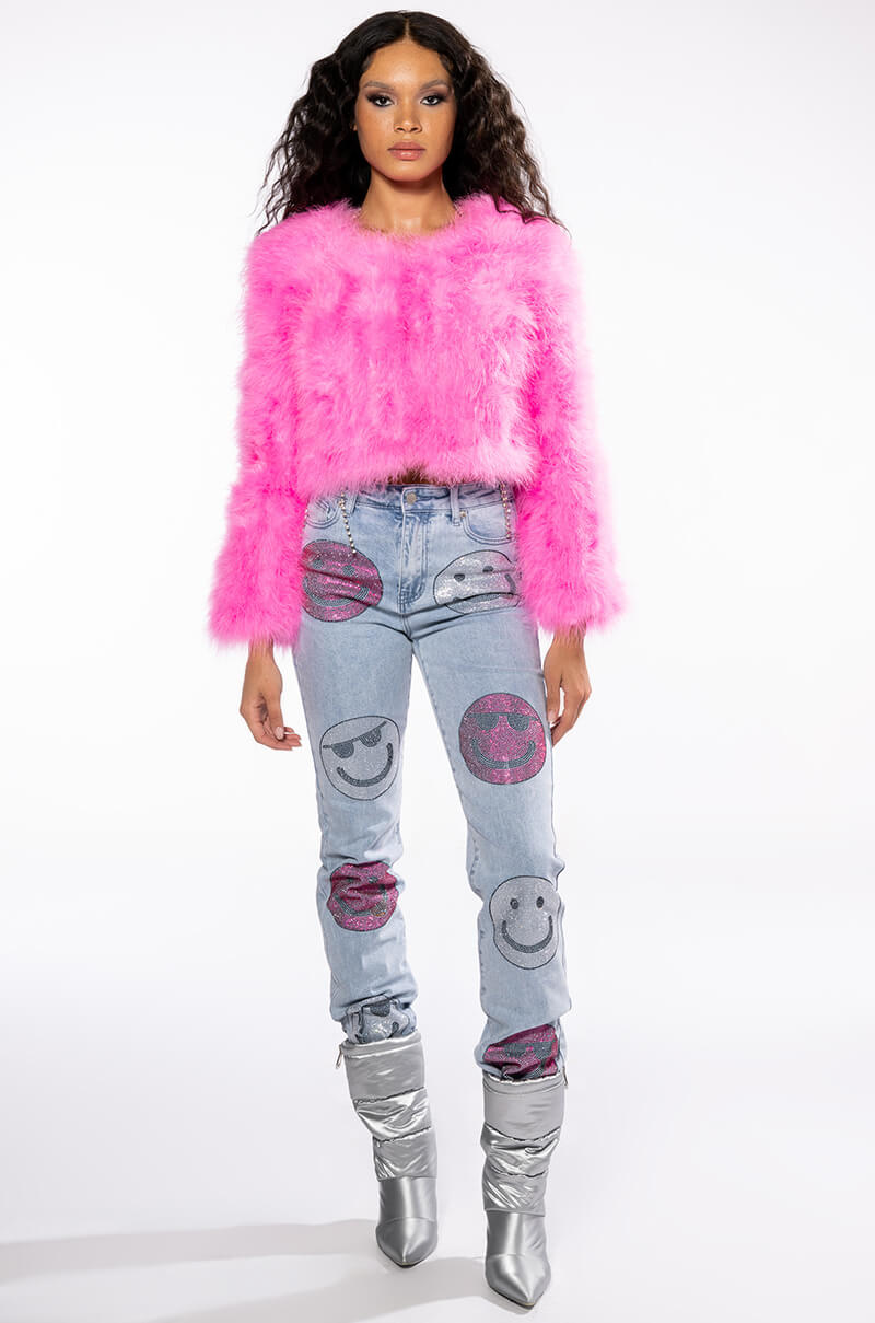 SMILEY FACES RHINESTONE HIGH RISE STRAIGHT JEANS