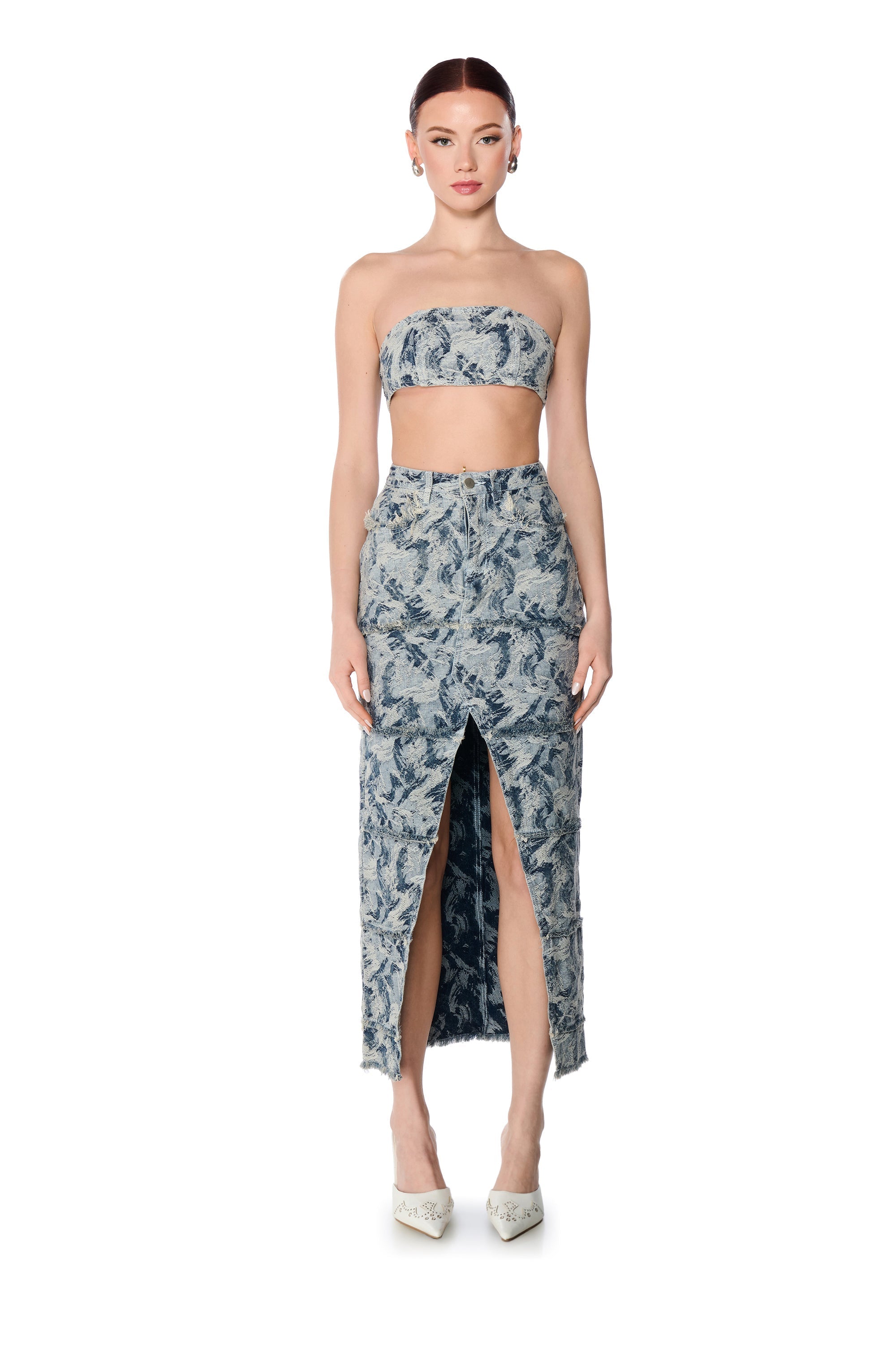 SOLEIL DISTRESSED DENIM MAXI SKIRT