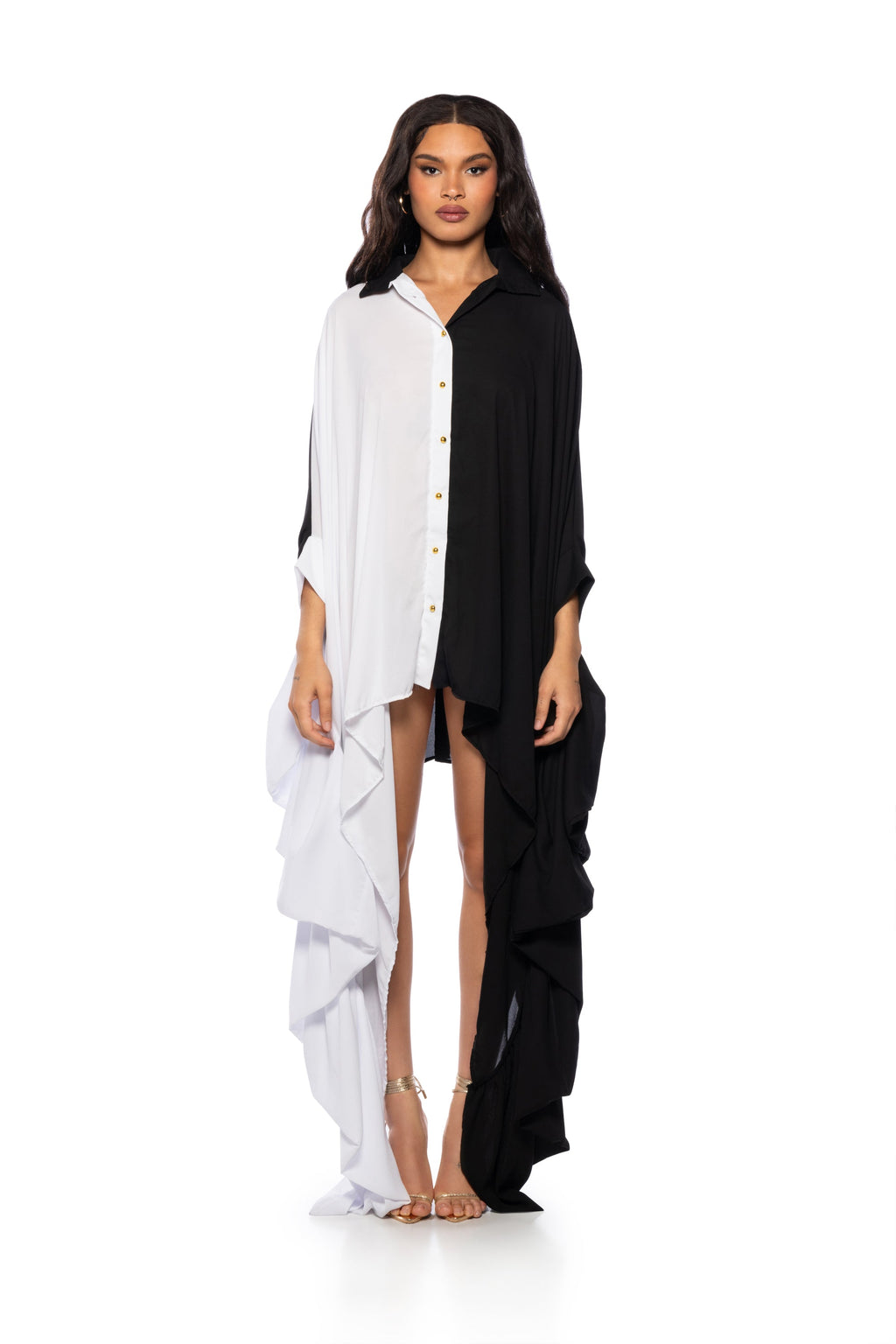 SPLIT DECISION HIGH COLLAR FLOWY MINI DRESS