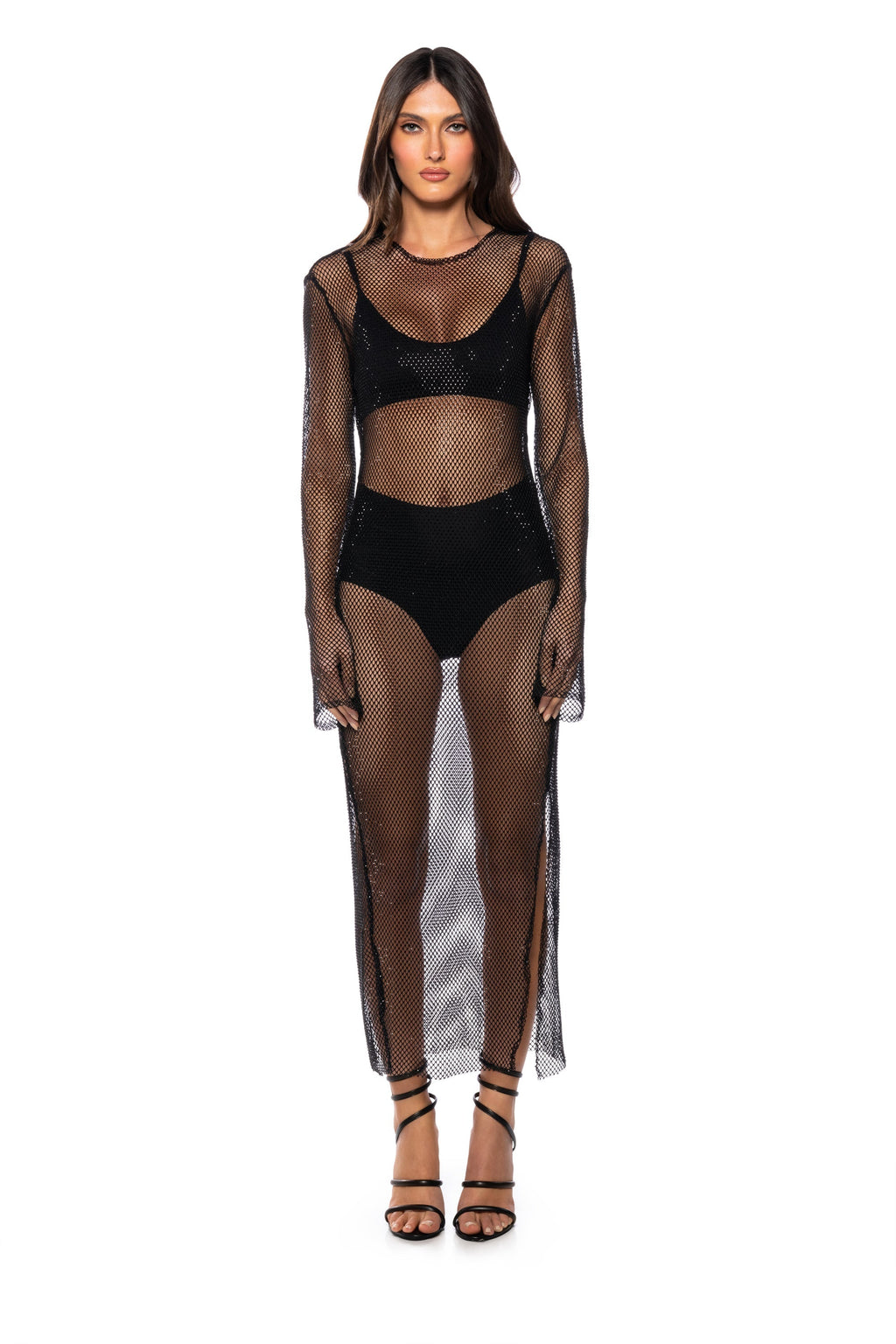 STAR OF THE NIGHT MESH LONGSLEEVE MAXI DRESS IN BLACK