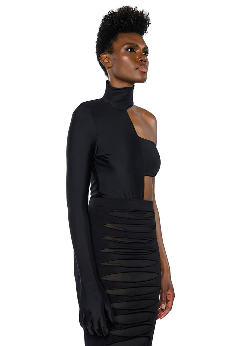 MIA BANDEAU DETAIL MOCK NECK BODYSUIT WITH GLOVE