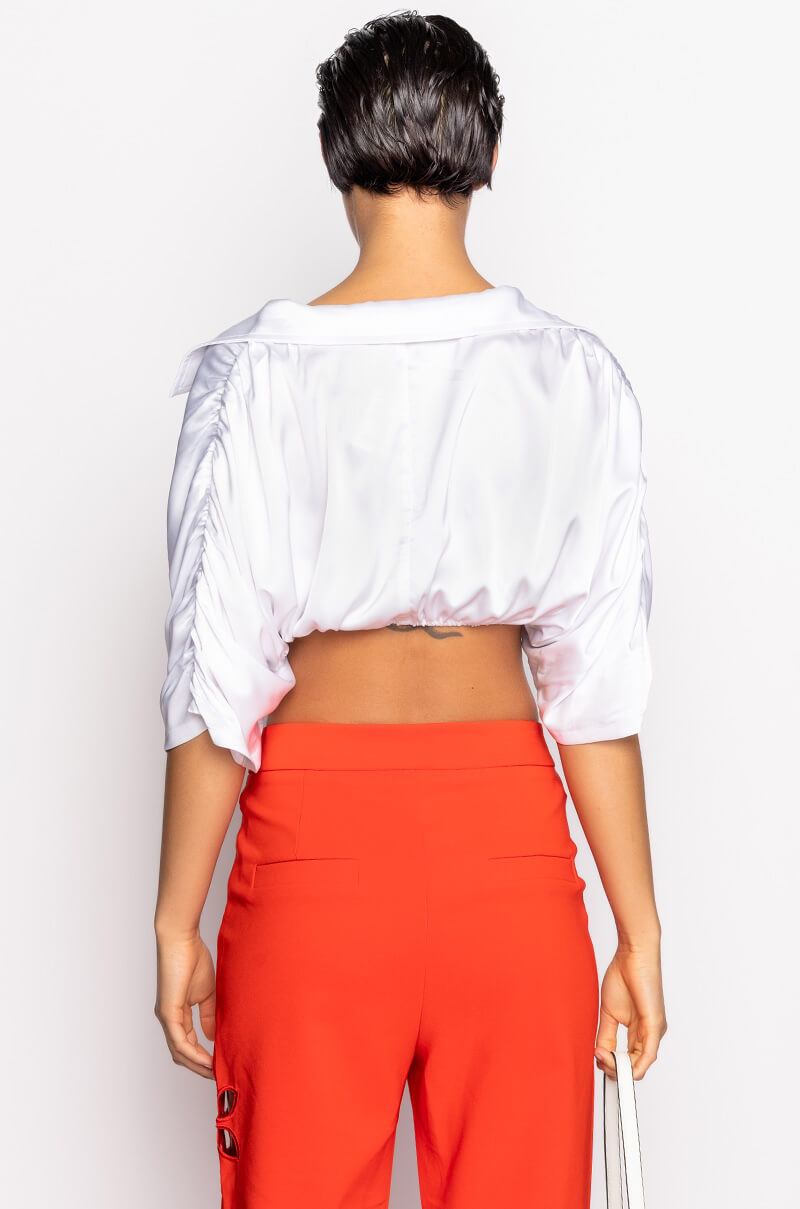 STAY GOLD SATIN TIE FRONT CROP BLOUSE