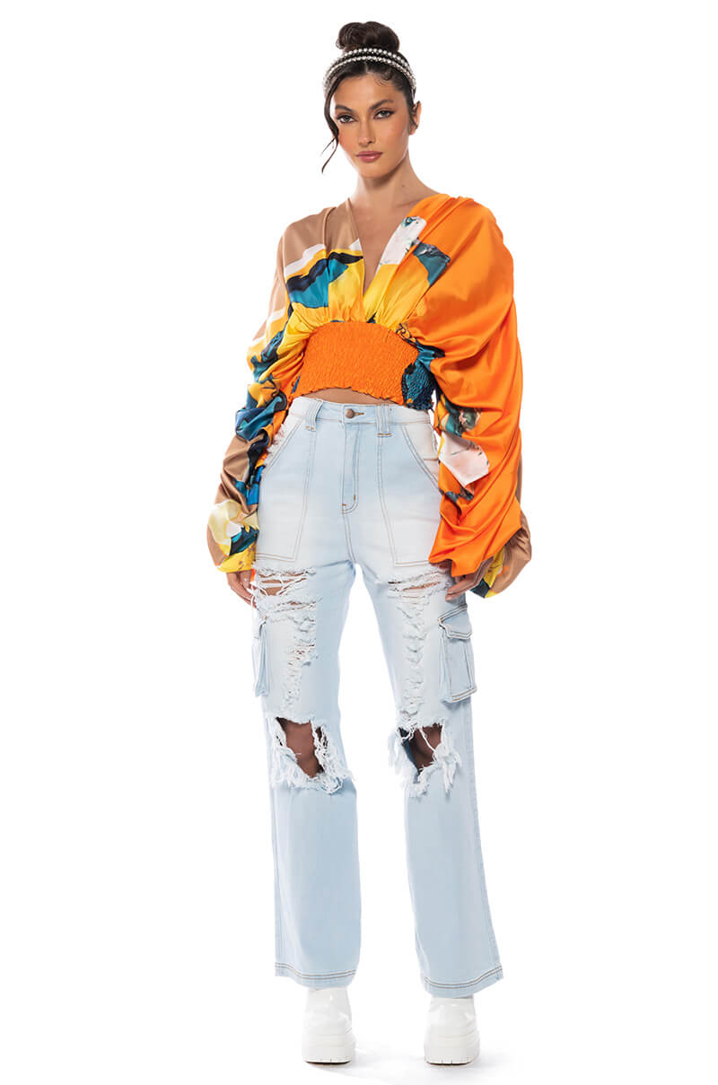 STELLA PRINT LONG SLEEVE SATIN BLOUSE