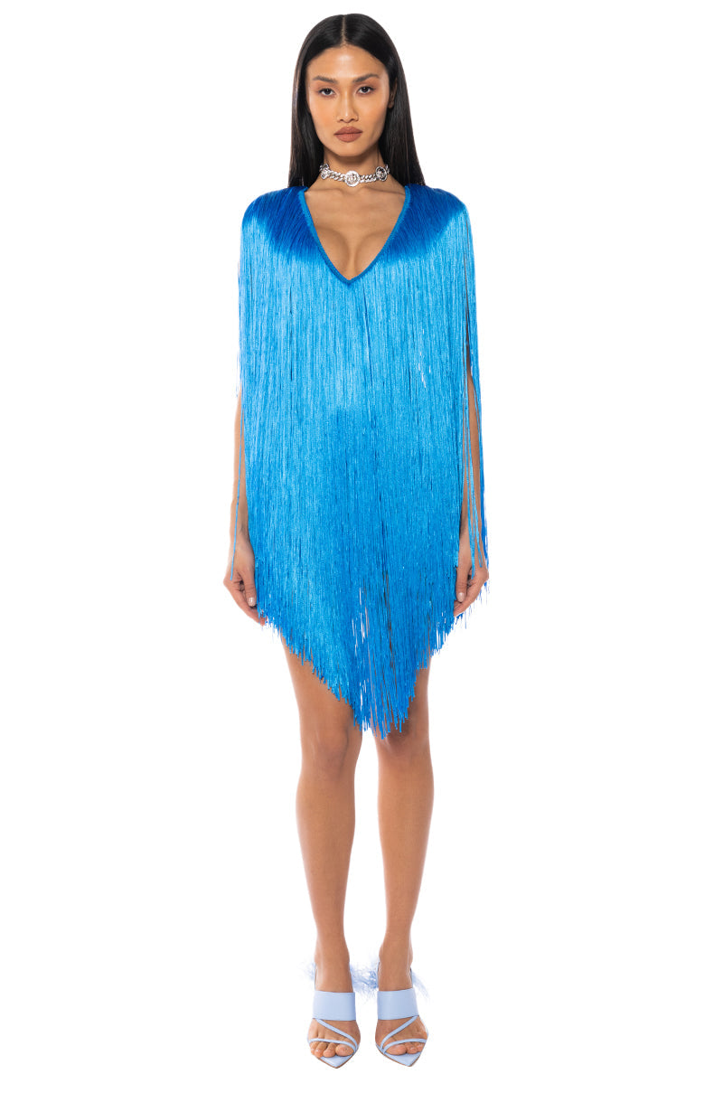 STEVIE DEEP V BANDAGE WITH FRINGE MINI DRESS