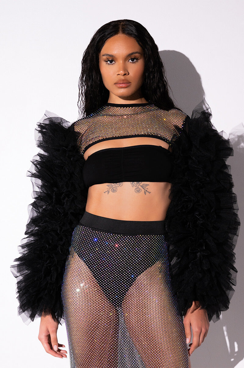 STEVIE RHINESTONE MESH TULLE LONG SLEEVE BLOUSE