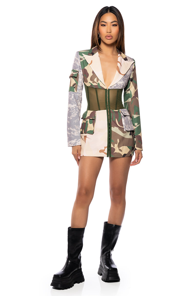 STRONG ONE PATCHWORK CAMO CORSET BLAZER