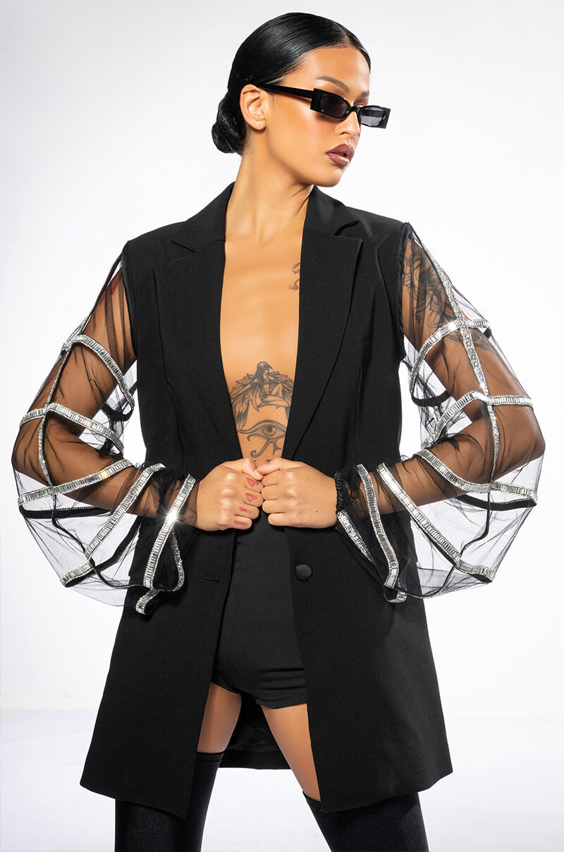 SUGAR AND SPICE MESH RHINESTONE ARM BLAZER