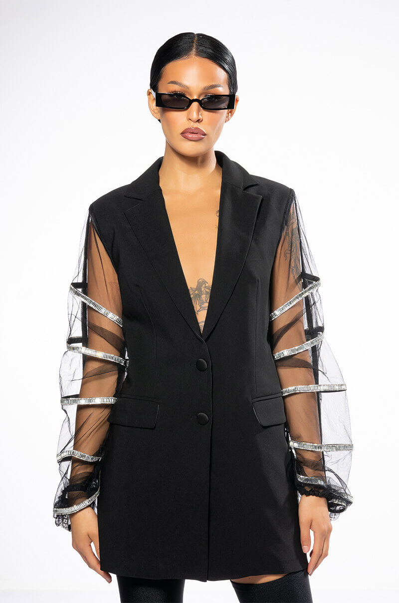 SUGAR AND SPICE MESH RHINESTONE ARM BLAZER