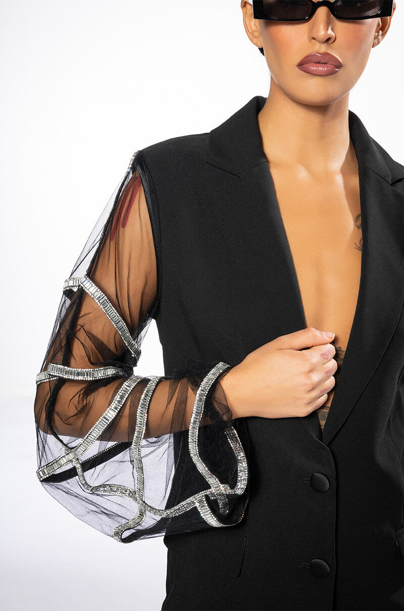 SUGAR AND SPICE MESH RHINESTONE ARM BLAZER