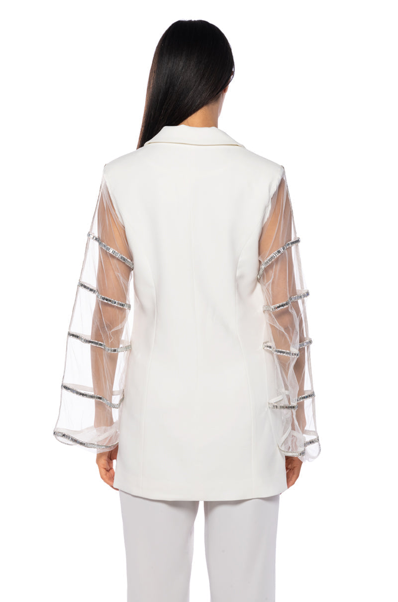 SUGAR AND SPICE MESH RHINESTONE ARM BLAZER