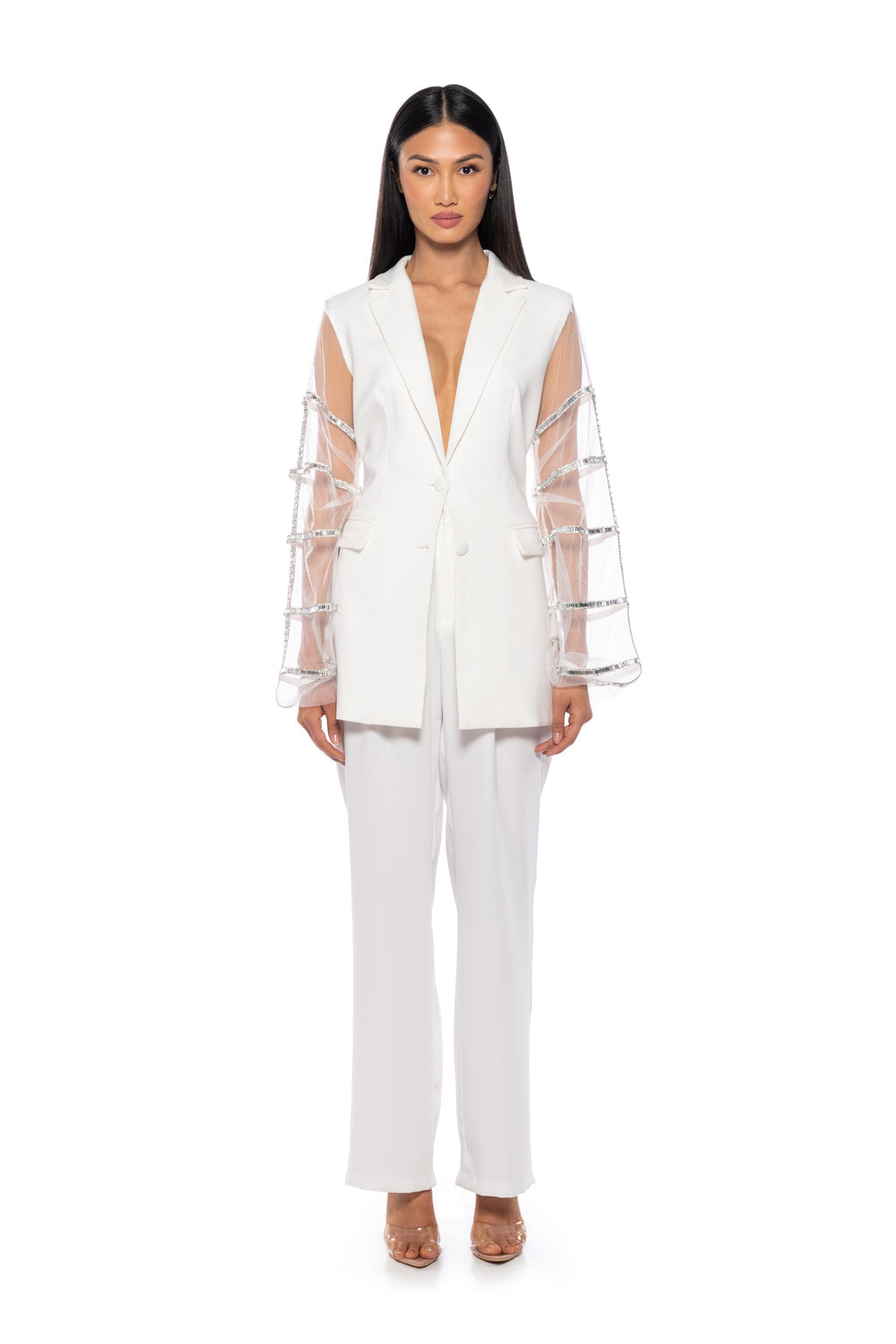 SUGAR AND SPICE MESH RHINESTONE ARM BLAZER