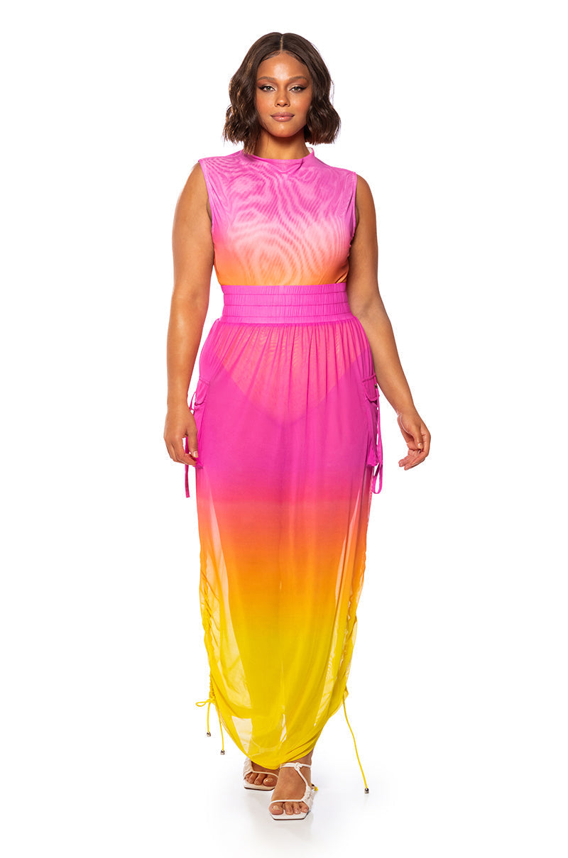 SUNRISE OMBRE MESH ADJUSTABLE MIDI SKIRT