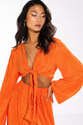 MULTI STRIPE PLISSE TIE FRONT BLOUSE
