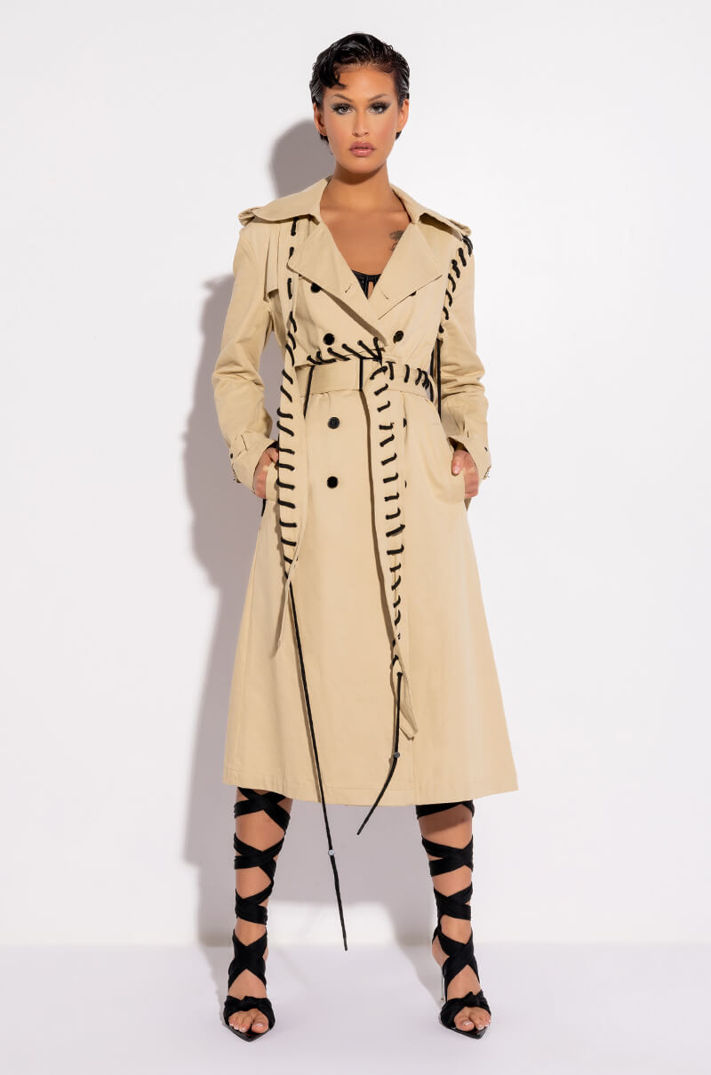 SUPER MODEL VIBES LACE UP TRENCH COAT
