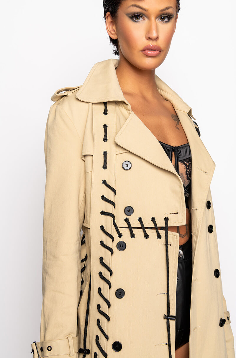 SUPER MODEL VIBES LACE UP TRENCH COAT
