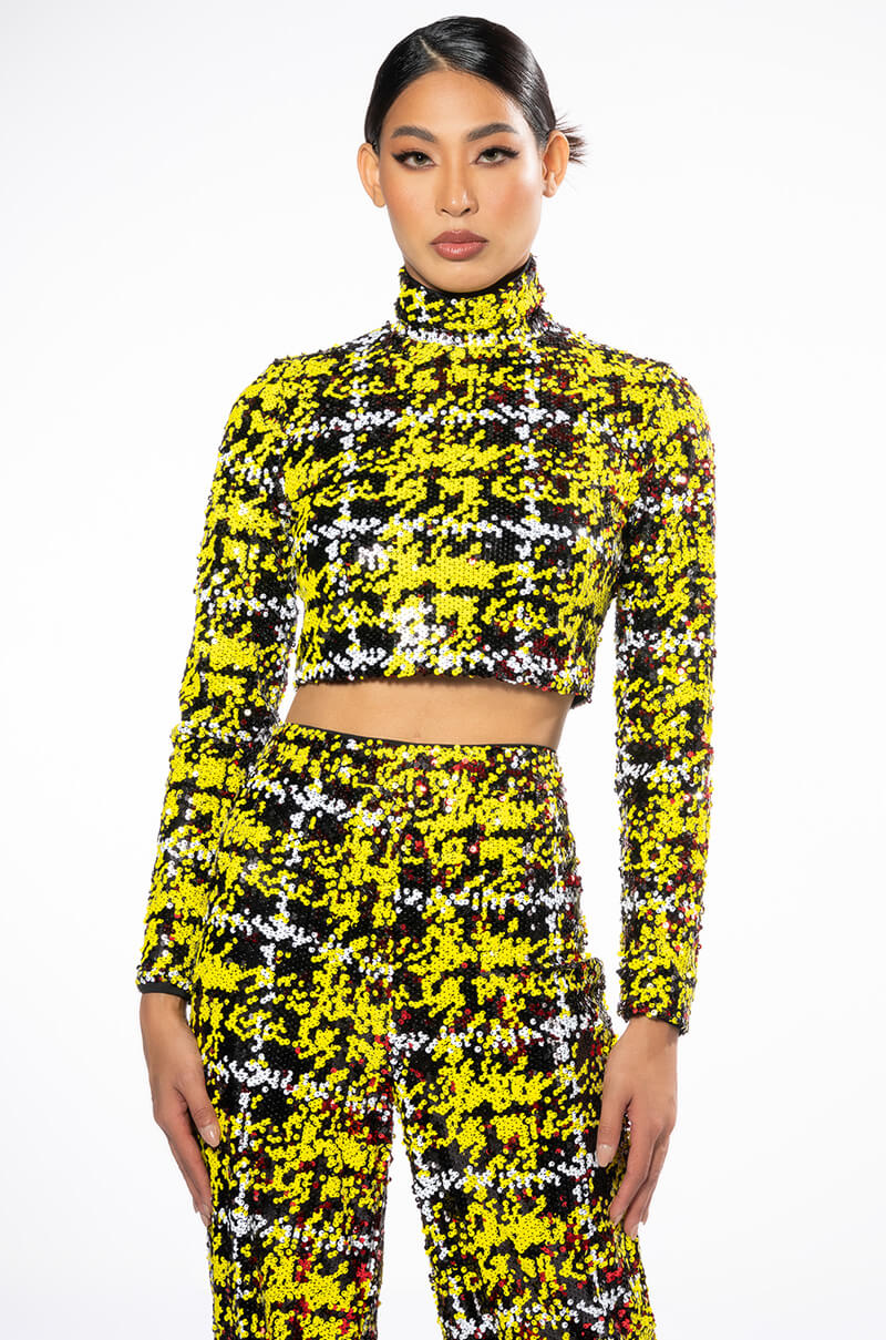 SWEET ESCAPE SEQUIN PLAID MOCK NECK CROP TOP
