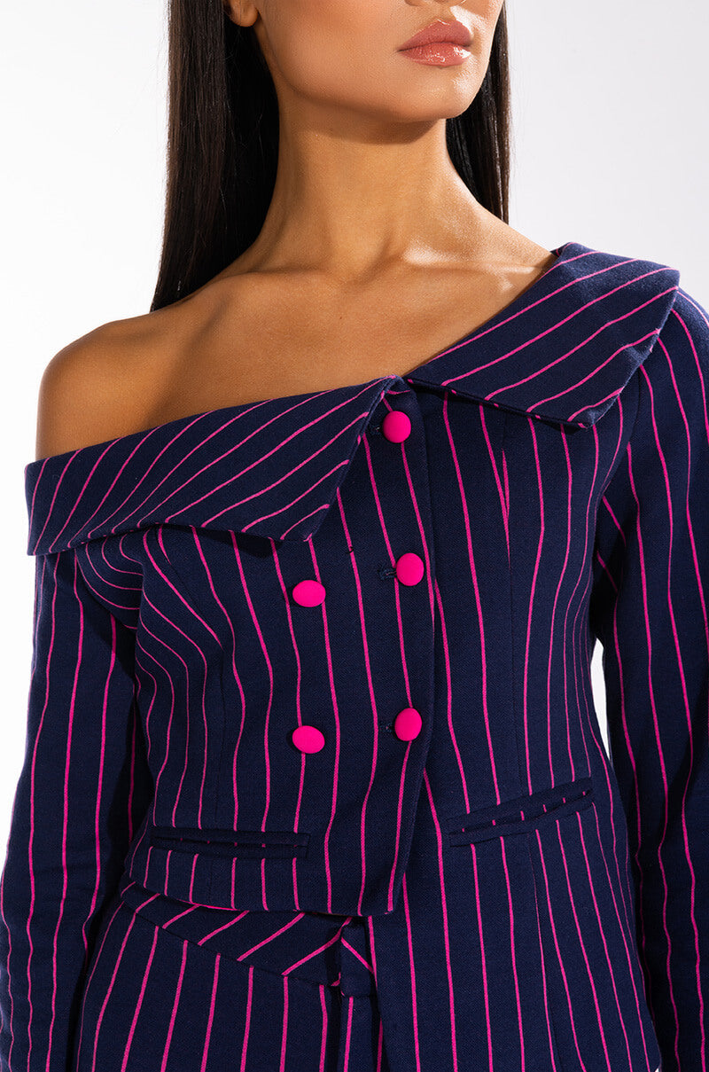 SWEET LIKE SUGAR PINSTRIPE OFF SHOULDER BLAZER