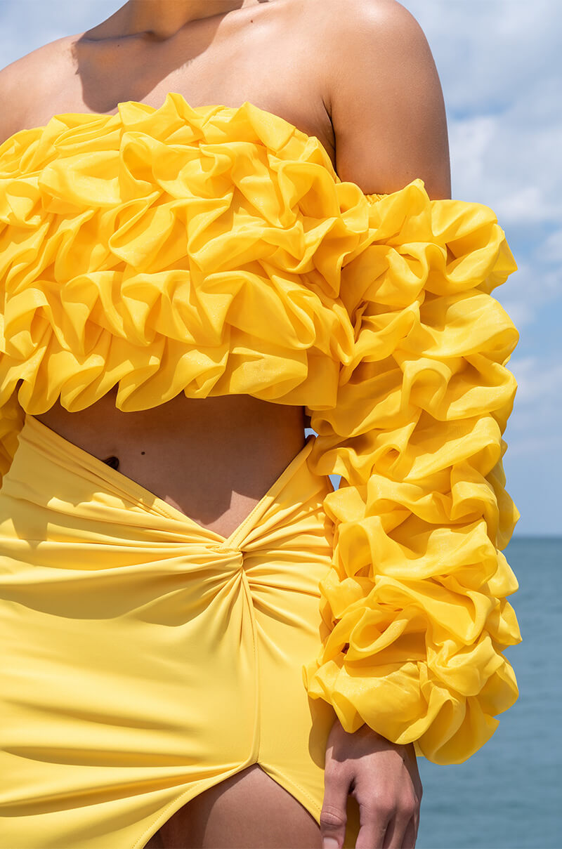 SWEET TALKER OFF THE SHOULDER LONG SLEEVE RUFFLE BLOUSE