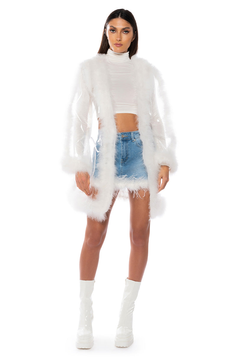 SWEETHEART FEATHER DETAIL DENIM MINI SKIRT