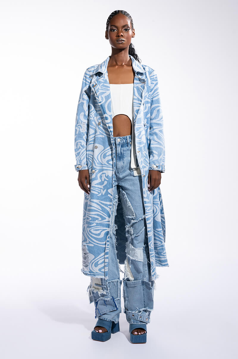 SWIRLY PRINTED DENIM TRENCH