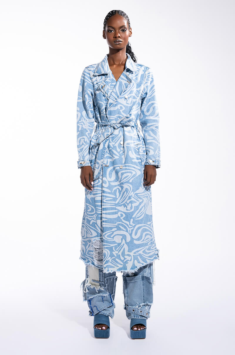 SWIRLY PRINTED DENIM TRENCH
