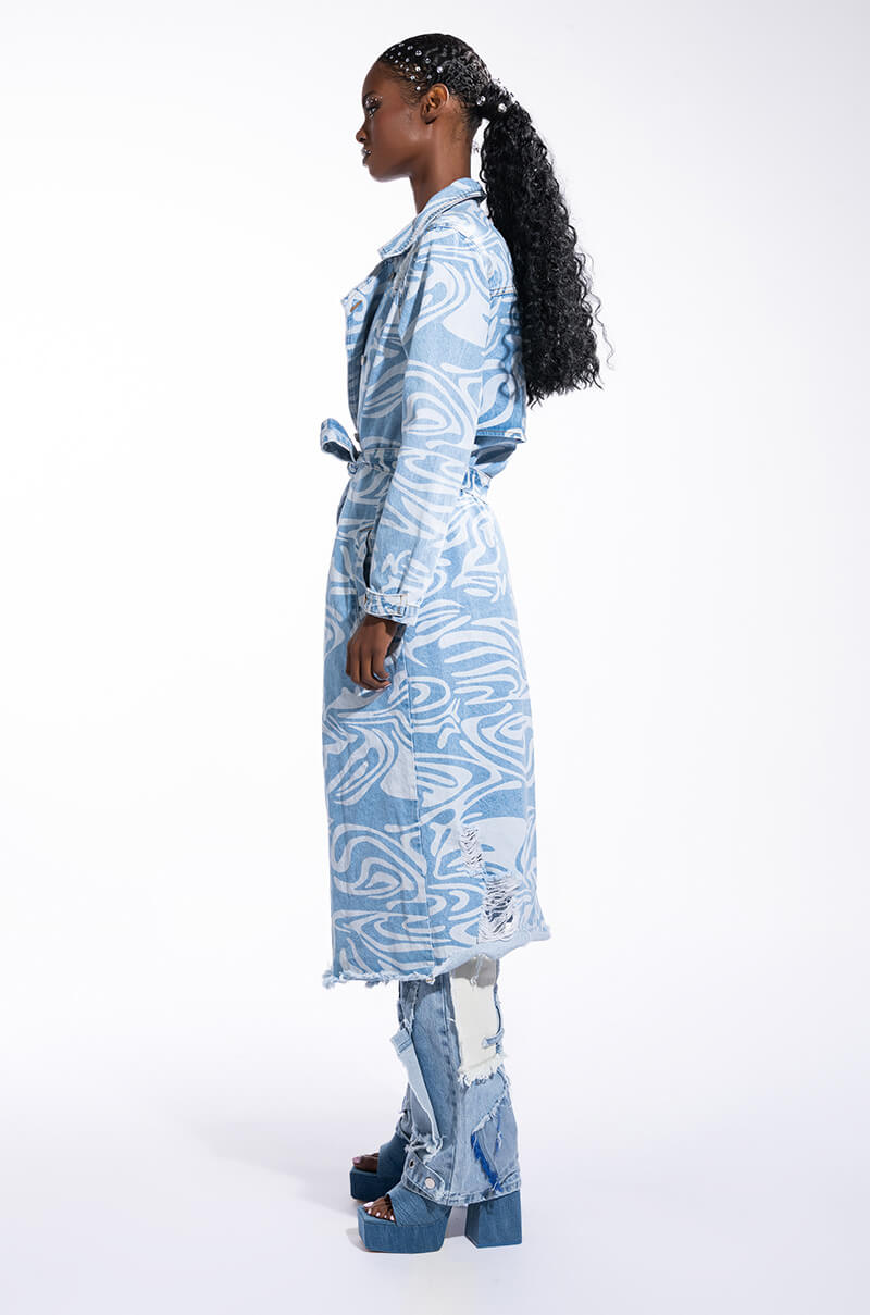 SWIRLY PRINTED DENIM TRENCH