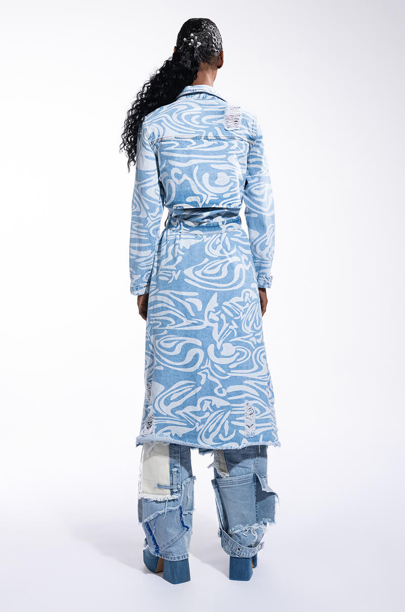 SWIRLY PRINTED DENIM TRENCH