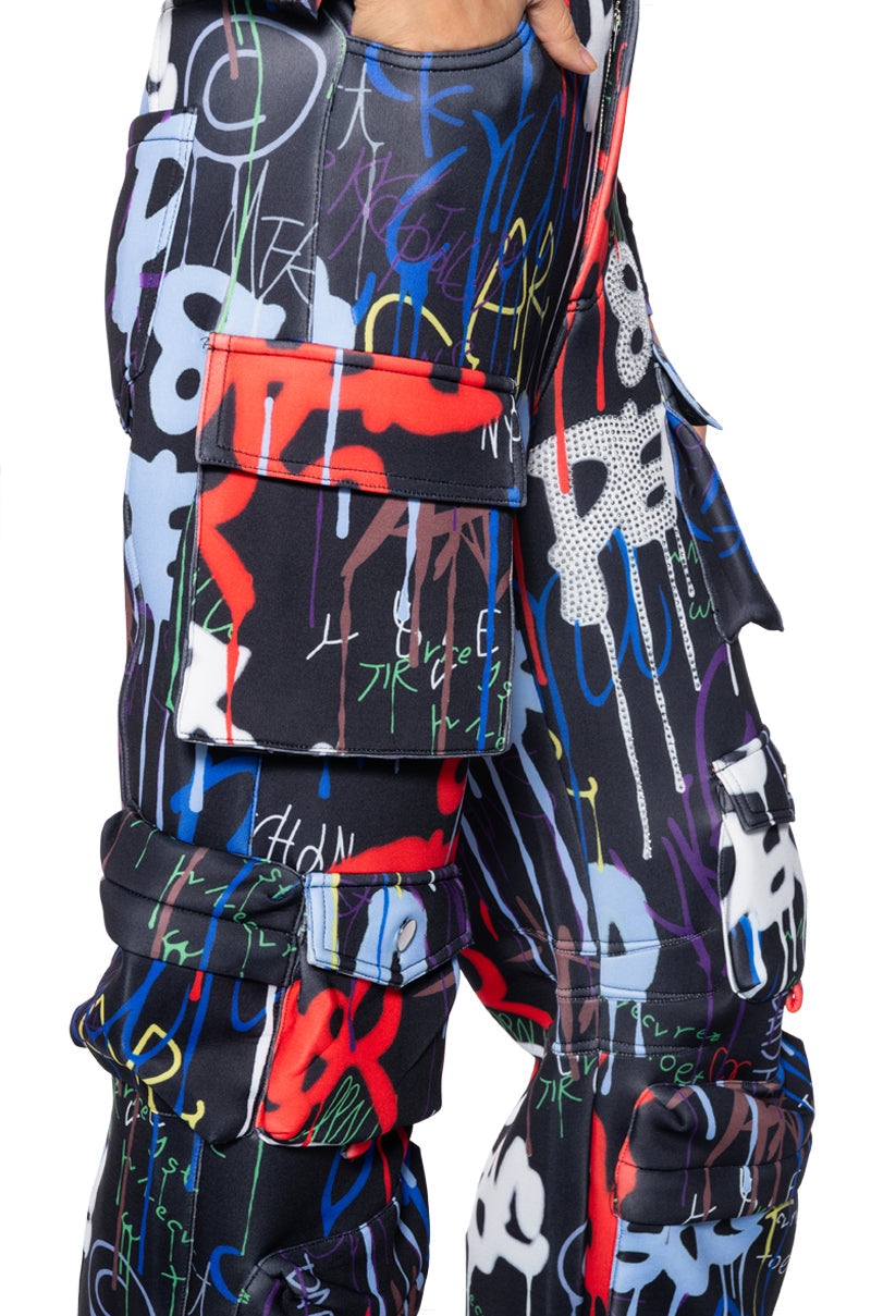 TAG ME GRAFFITI EMBELLISHED SCUBA CARGO PANTS