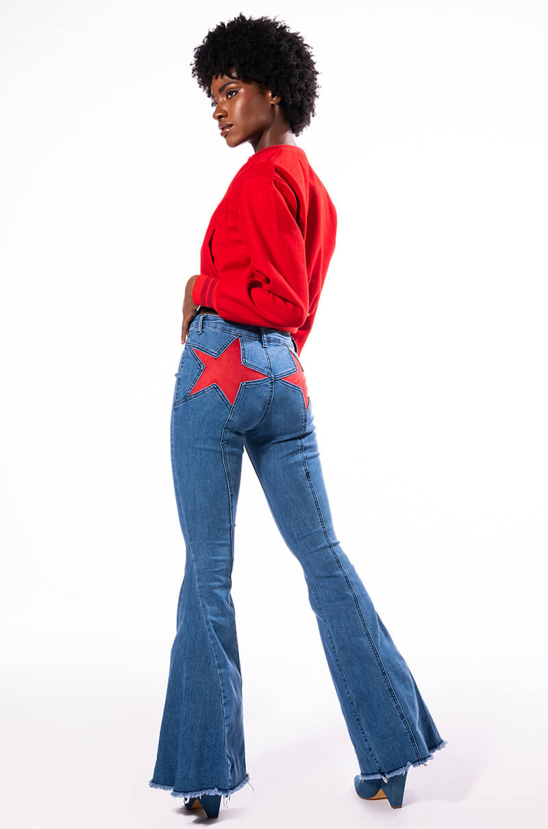 TAKE ME AWAY STAR PATCH DETAIL HIGH WAISTED FLARED JEAN