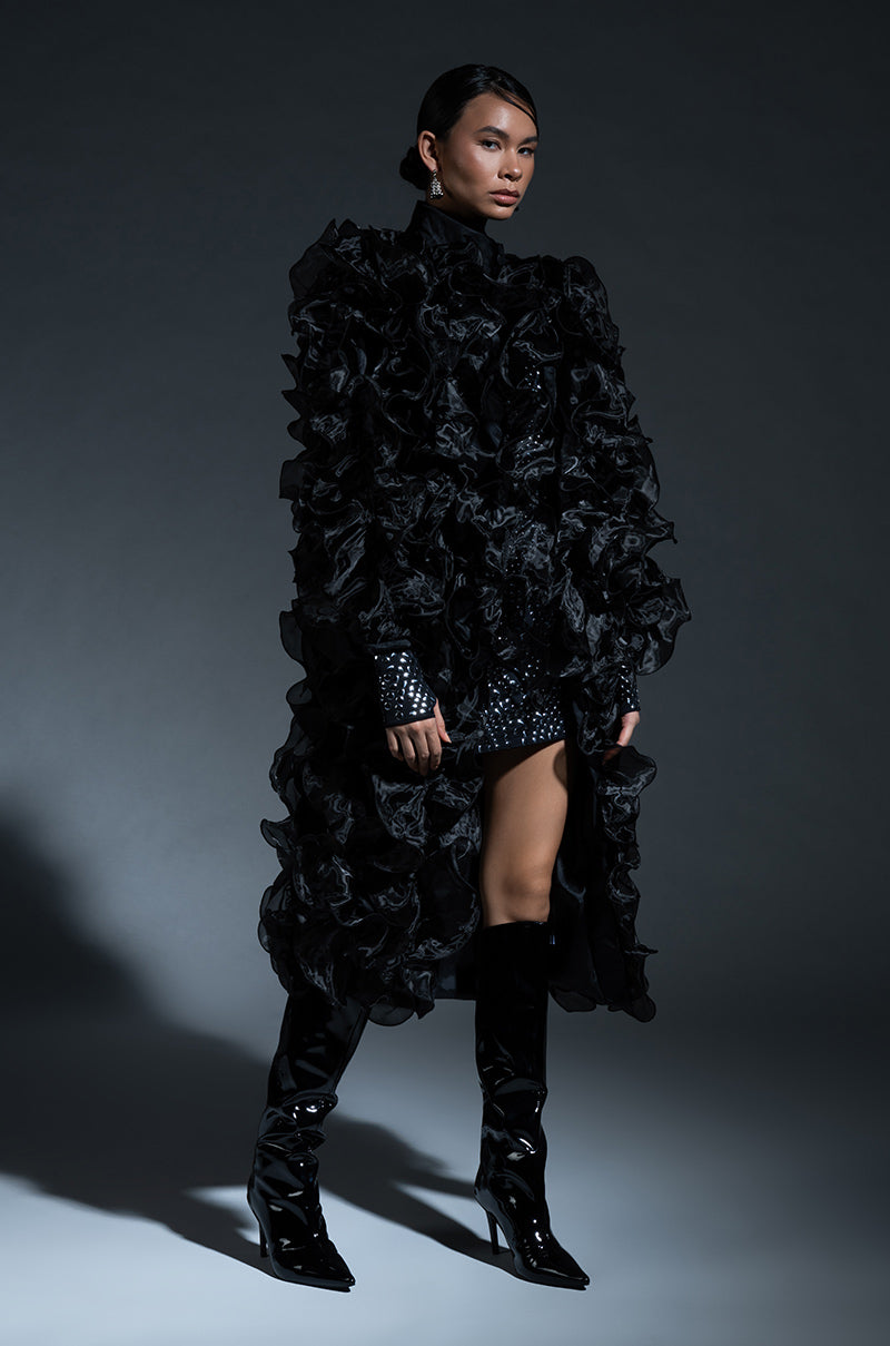 TAKE NOTES RUFFLE DUSTER IN BLACK