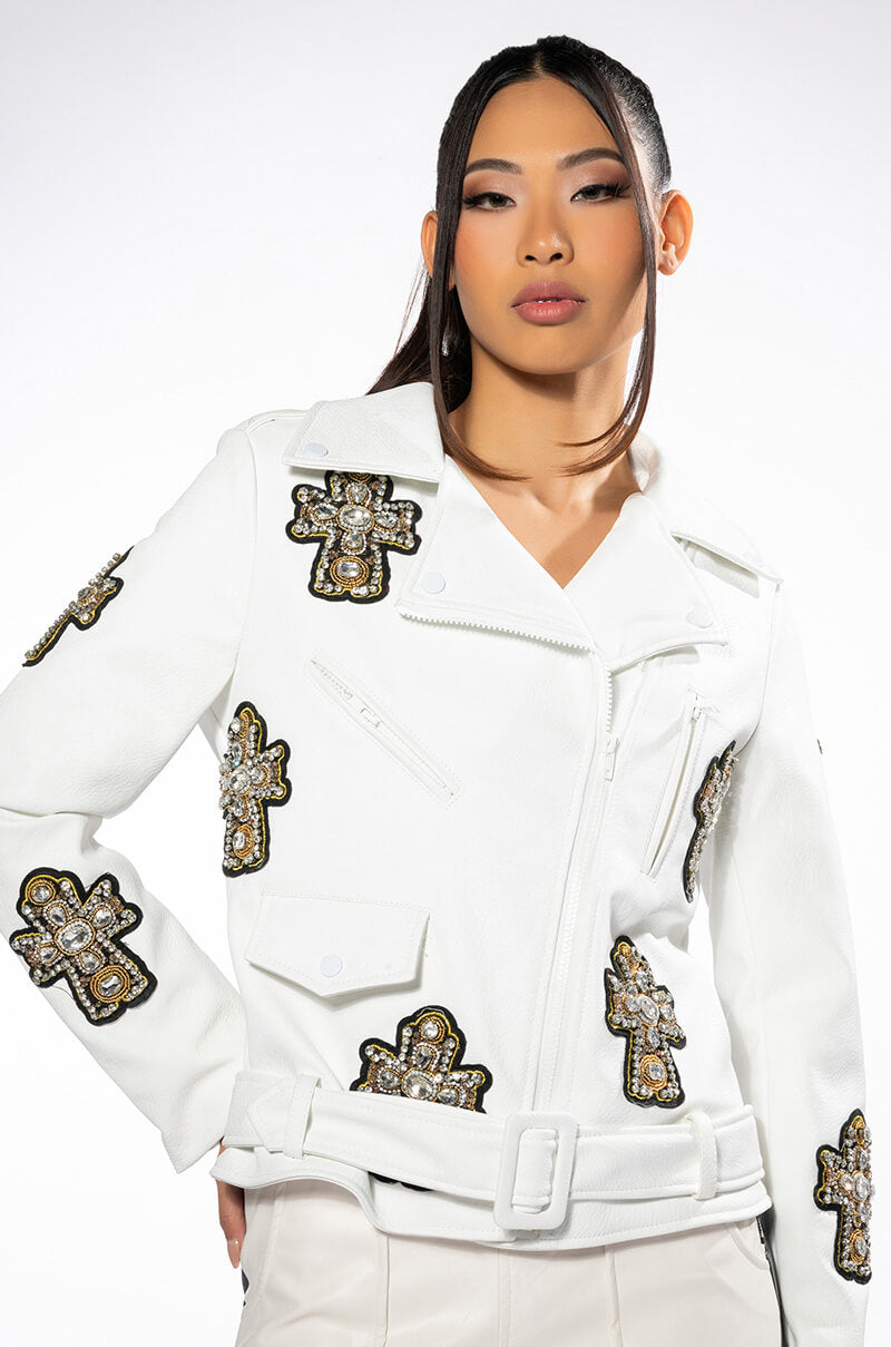 THANK GOD FOR ME PU MOTO JACKET