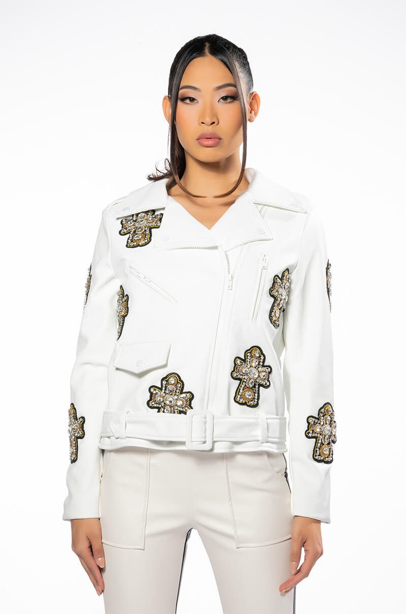 THANK GOD FOR ME PU MOTO JACKET