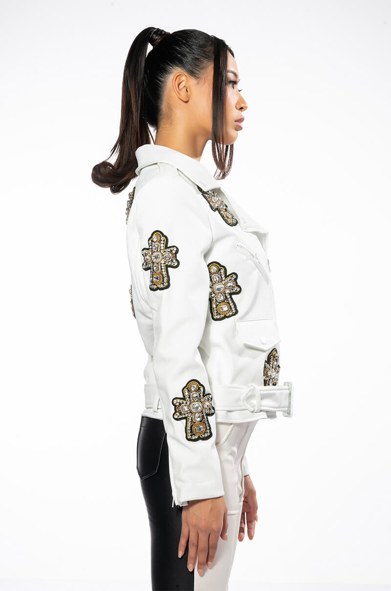 THANK GOD FOR ME PU MOTO JACKET