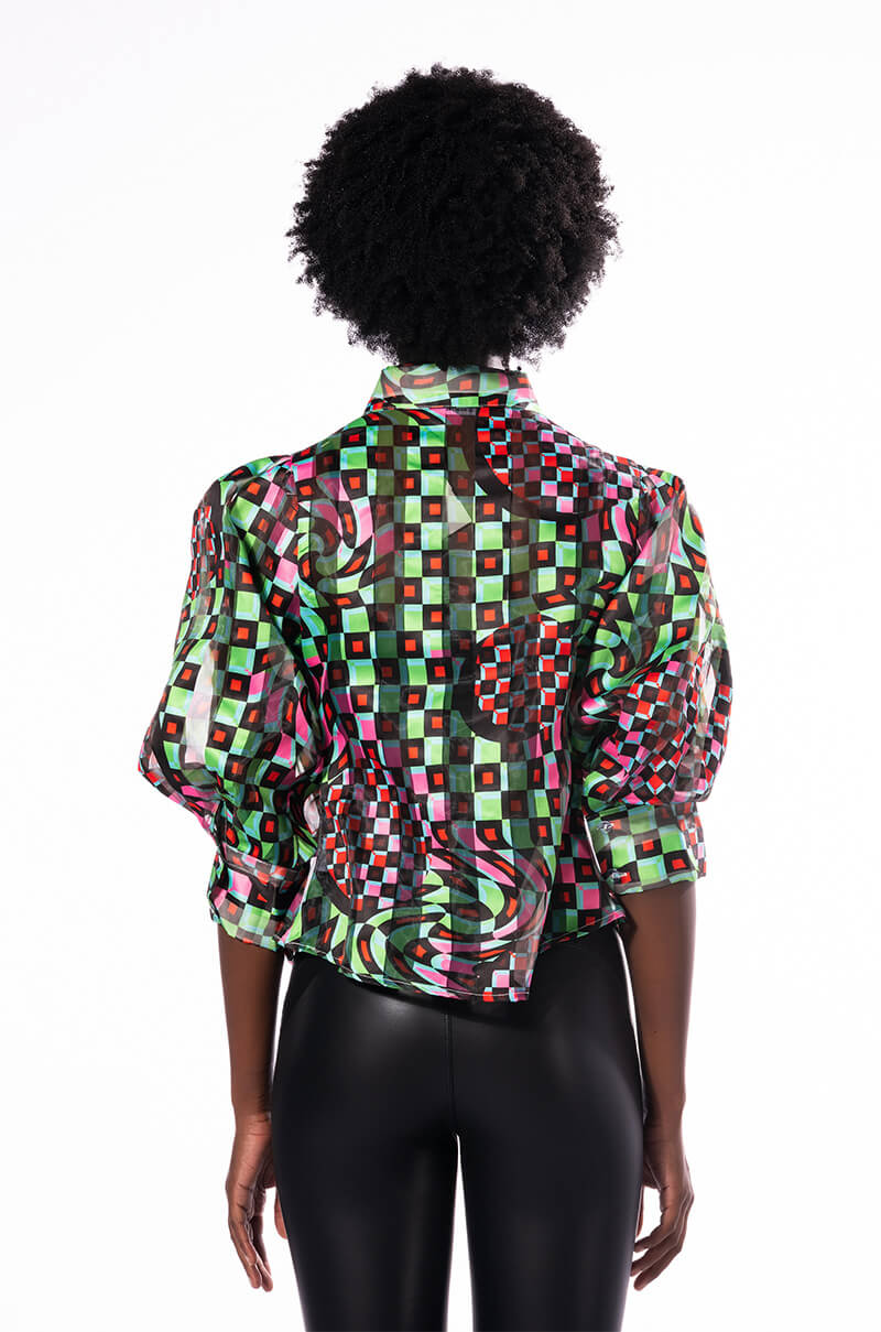 THAT GIRL IS POISON ORGANZA BUTTON DOWN BLOUSE