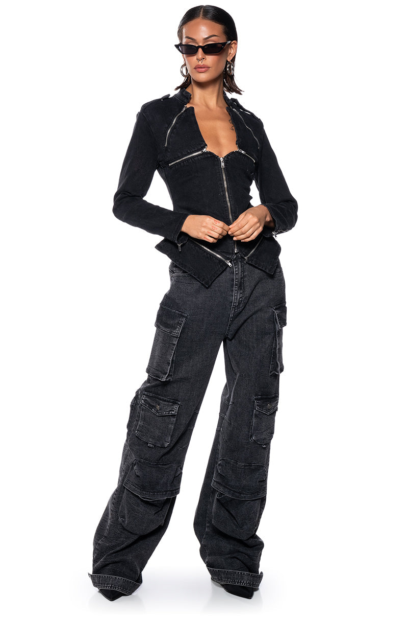 THE LYDIA ZIP UP DENIM JACKET TOP