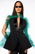 THE ONE FEATHER TRIMMED OPEN BACK BLOUSE